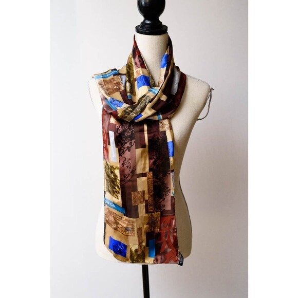 Kenneth Cole Silk rectangle scarf abstract geometric browns fall colors 10" x 60 - Picture 1 of 6